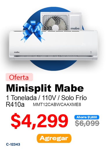 [12343] MINISPLIT MABE 1.0 TON MMT12CABWCAAXME8 SOLO FRIO 110V R410A