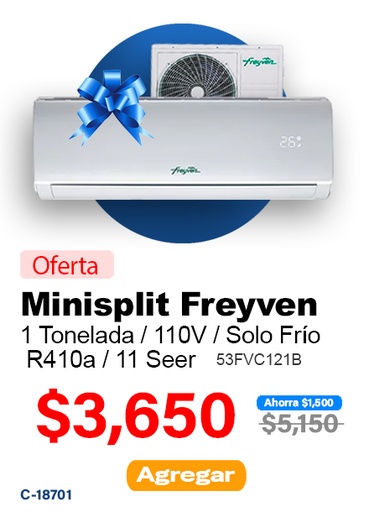 [18701] MINISPLIT FREYVEN 1.0 TON 53FVC121B 11 SEER SOLO FRIO 110V R410A