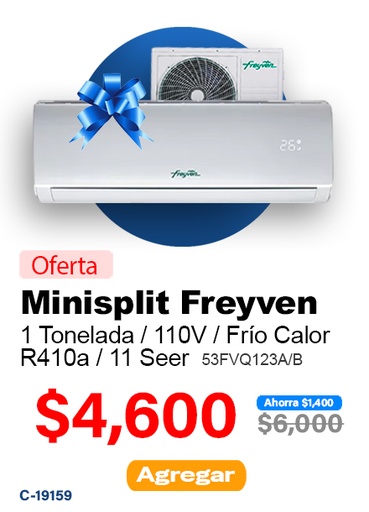 [19159] MINISPLIT FREYVEN 1.0 TON 53FVQ123A/B 11 SEER FRIO CALOR 220V R410A