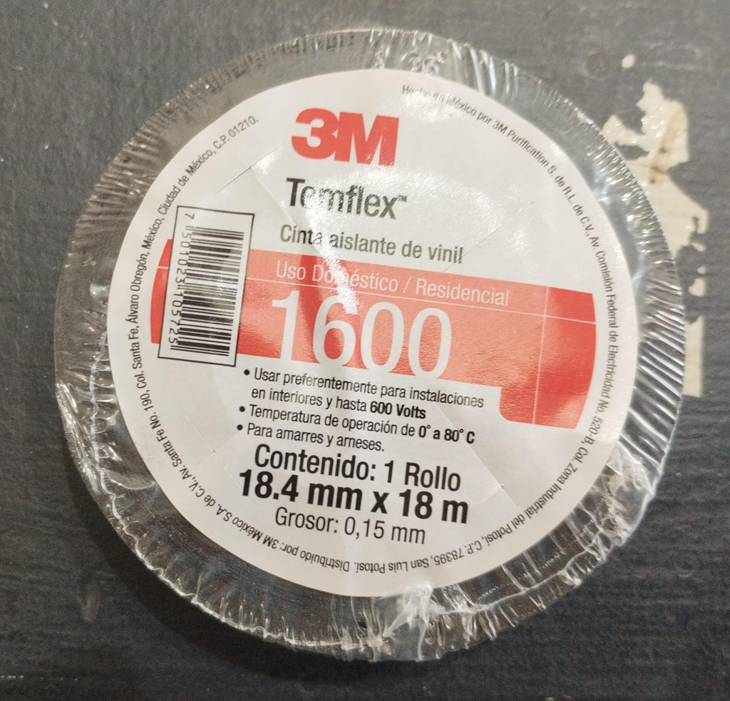CINTA DE AISLAR PVC TEMFLEX MCA. 3M MOD. 3M600 / 3M165 18 MTS