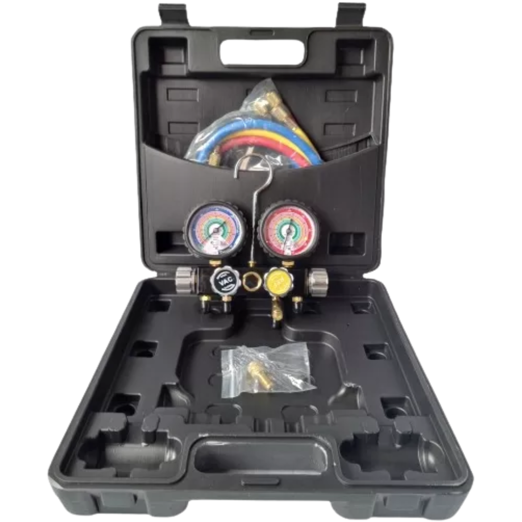 MANIFOLD 4 VIAS CUERPO DE ALUMINIO CON MIRILLA Y PROTECTORES Y ESTUCHE PARA R134A, R507A, R404A Y R410A Y MANGUERAS 36"GB HAL4-36P