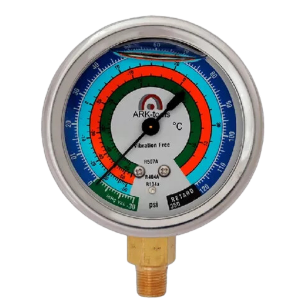 [12041] MANOMETRO DE BAJA CON GLICERINA 2.5" PARA R410A, R134A, R22, R404A, R407 ARKA TOOLS AR-GL500LSV #835