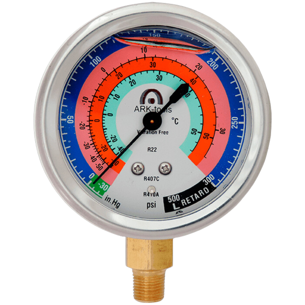 MANOMETRO DE ALTA CON GLICERINA 2.5" PARA R410A, R134A, R22, R404A, R407 ARKA TOOLS AR-GL800HSV #834